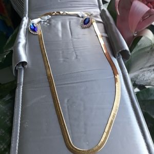 Gold herringbone necklace/ sapphire/diamond earrin
